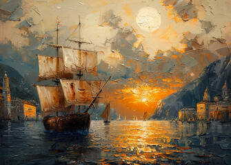 Oil painting, port city --ar 139:100 --stylize 750