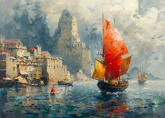Oil painting, port city --ar 139:100 --stylize 750
