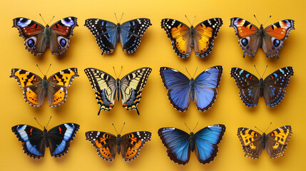 A collection of various colorful butterflies symmetrically arranged on a vibrant yellow background,...
