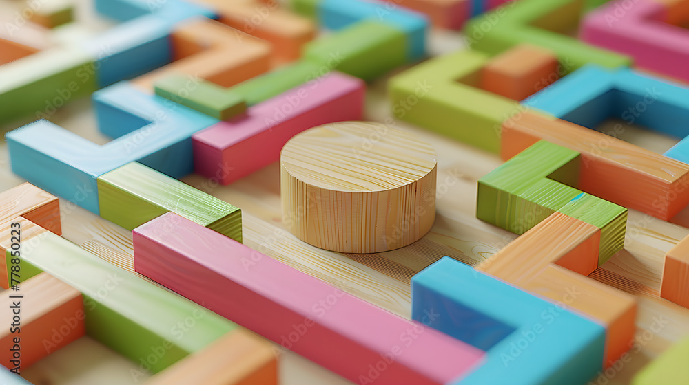 Poster a colorful wooden block maze with rounded corners and various shapes