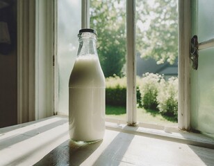 A dew-covered bottle of milk retrieved from an icebox on a sweltering summer day, set on a kitchen table with open windows showing a bright, sunny garden outside - obrazy, fototapety, plakaty