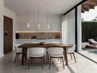 Fototapeta na wymiar Contemporary Home Dining and Kitchen Interior with Elegant Furniture and Wood Accents