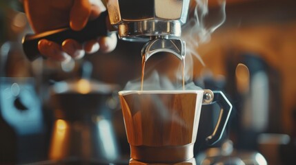Barista pouring coffee from moka pot coffee maker to a coffee cup. - obrazy, fototapety, plakaty