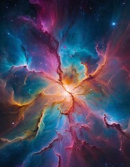 A nebula resembling a blooming flower in space, with a kaleidoscope of colors against a starry background, perfect for cosmic and celestial themes