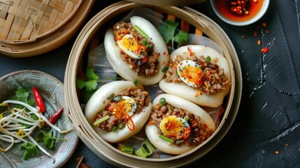 Chinese steamed buns stuffed with minced pork, rice and egg