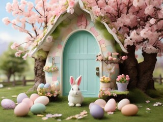 Easter Bunny Surrounded by Colorful Eggs in a Spring Setting