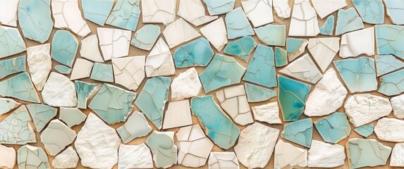 Mosaic pattern with an aqua and beige color palette, featuring different shades of green and white marble pieces for an elegant wall background.