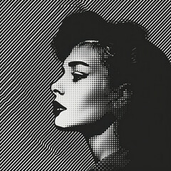 Monochrome Halftone Portrait of a Woman's Face on Abstract Black and White Background