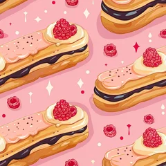 Fotobehang Delectable Raspberry Pastry with Glossy Frosting in a Seamless Repeating Pattern © Sittichok