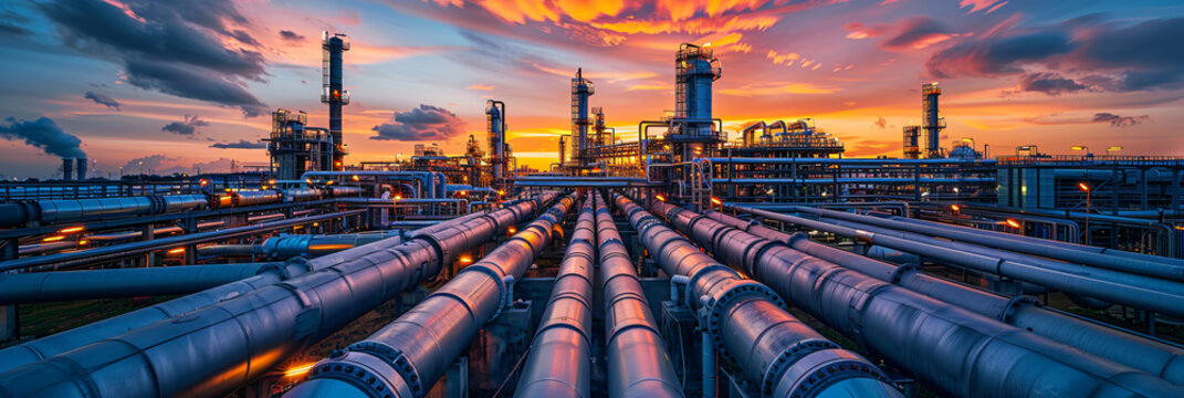 Industrial refinery at sunrise with smokestacks and pipelines. Environmental impact and energy industry concept. Design for report on energy, environmental brochure, oil and gas industry background