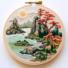 an embroidery art piece, with pink cherry blossoms on trees, set in a tranquil landscape with mountains, reflecting a traditional Asian scenery in a circular frame.	