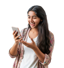 Young South Asian girl looking happy looking something on her phone