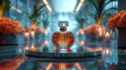 Art deco style perfume bottle on a mirrored podium elegant reflections - obrazy, fototapety, plakaty