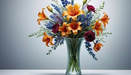 A vibrant bouquet of orange lilies and deep red roses, accentuated by blue lavender sprigs, arranged elegantly in a clear glass vase against a soft grey background - Powered by Adobe