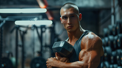 A male athlete with a shaved head and a sweatband stands against a gym background - obrazy, fototapety, plakaty