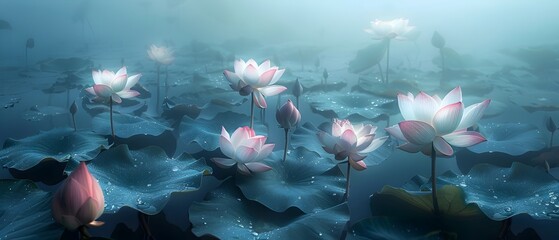 Serene Morning Lotus A Panoramic of Cool Hued Dew Droplets on Lotus Flowers in Documentary Style