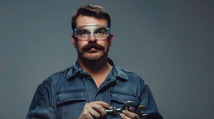 A male mechanic with a mustache and safety goggles stands against a gray background