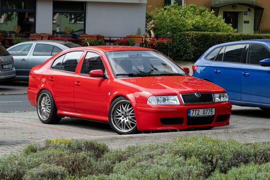 Red Skoda Octavia 1st generation liftback car after tuning
