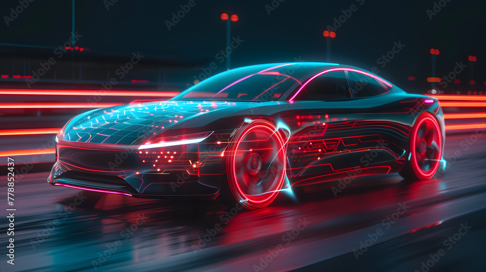 Poster A modern electric car with illuminated lines and energy waves pulsating from its frame