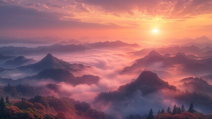  A picturesque scene of mountains, trees, clouds, and sun in the distance