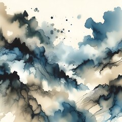 ink watercolor hand drawn smoke flow stain blot on wet paper texture background blue pastel colors landscape