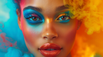 A woman with colorful makeup on her face, with a bright orange and blue smoke in the background. fashion colorful
