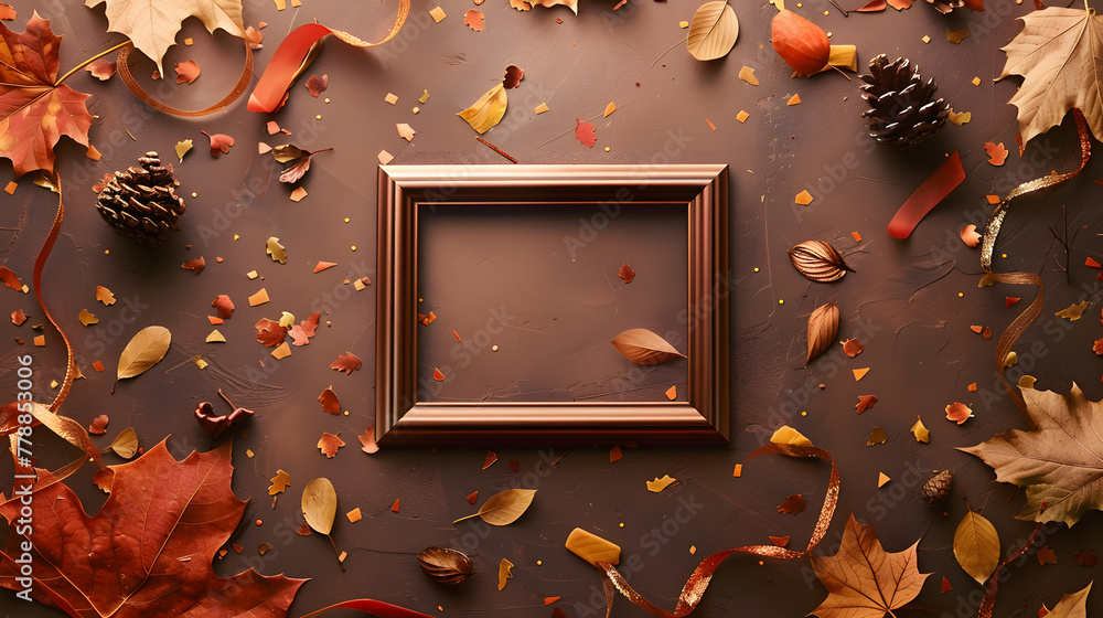 Poster a photo of an empty copper picture frame surrounded by confetti and streamers in autumn colors like 