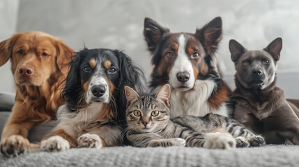 Group of happy pets sitting together
