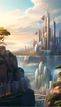 A futuristic city or city of the future from science fiction at sunset with the skyscrapers lighten by golden hour in the middle of a cloudy blue sky, near a river.