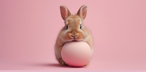 Easter Bunny Holding Egg on Pink Background with Text Happy Easter Festive Spring Holiday Concept Photo