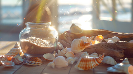 A pile of seashells on the table - obrazy, fototapety, plakaty