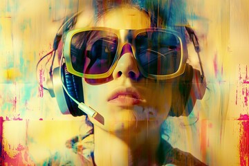 Abstract colorful composite of a woman wearing large sunglasses and headphones, exuding a modern, artistic vibe.