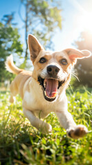 Close-up of a happy dog with a wagging tail