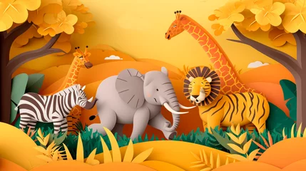 Foto op Plexiglas Paper art safari scene with various animals, suitable for educational and environmental themes. © Halyna