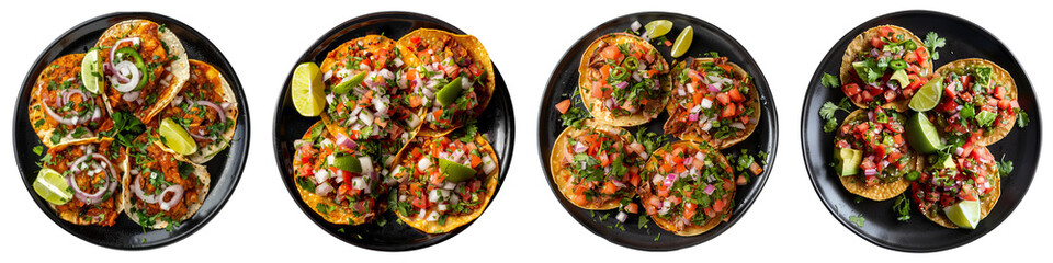 Collection of Tostadas on black plate cutout png isolated on white or transparent background - obrazy, fototapety, plakaty