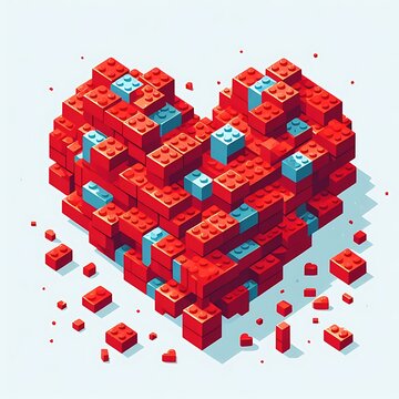 red heart made of Lego blocks with white background