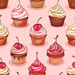 Delectable Cupcake Pattern with Creamy Frosting and Cherries on Pink Background