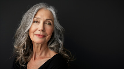 Naklejka premium A woman with long gray hair is smiling at the camera. She is wearing a white shirt and she is happy. Portrait of a beautiful senior woman with grey hair on black background