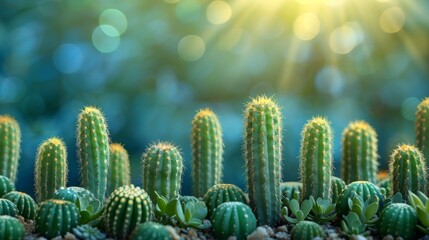   A field of green cacti bathed in sunlight, with trees casting dappled shadows in the background and a soft blur beyond