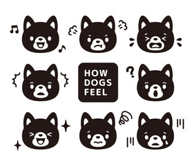 Clip art set of black and white cute dog face