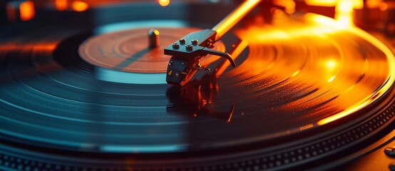 Vintage turntable with rotating vinyl record under glowing spotlight, creating a nostalgic atmosphere in a music lover's room