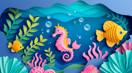 Fototapeta na wymiar Vivid paper art composition featuring a pink seahorse with tropical fish in an enchanting underwater seascape, perfect for storytelling and decor.