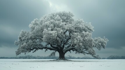   Large tree amidst field with snowground, cloudy backdrop