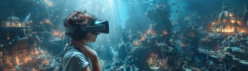 Digital twin of Atlantis exploring underwater cities with virtual reality - obrazy, fototapety, plakaty