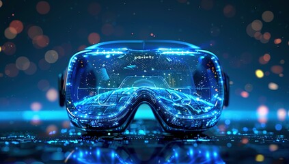 virtual reality simulator glasses, Blue CGI futuristic virtual reality simulator glasses, reality technology background concept