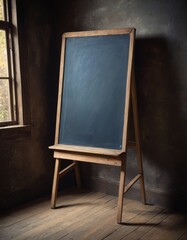A vintage chalkboard on a stand presents a blank slate within a moody, dimly lit room, evoking a sense of old-school charm.