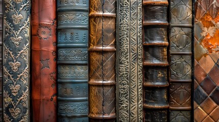 Antique book spines on shelf - obrazy, fototapety, plakaty