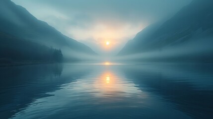   Large water body with mountains, bright sun in sky, and foggy air - obrazy, fototapety, plakaty