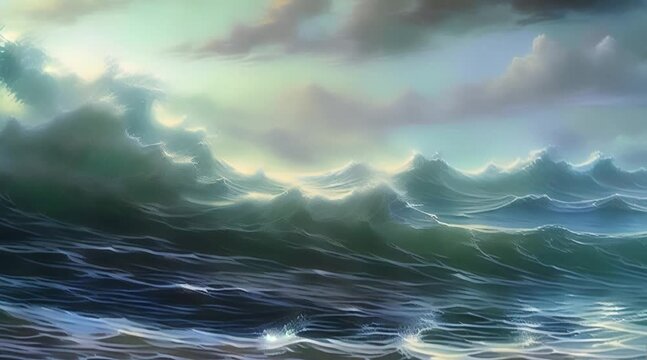 animation, motion effect, Image of large waves in the sea while the sky is dark with clouds. 60 fps 6 sec.