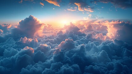 Breathtaking aerial view of sunlit clouds during a vibrant sunrise - obrazy, fototapety, plakaty